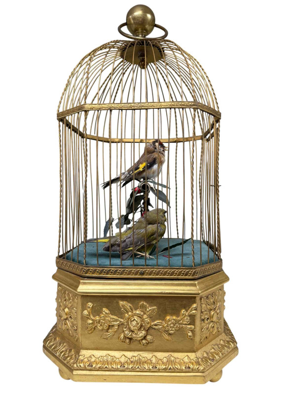 French singing birds automaton in gilt cage, of large size, 50cm overall height, winding but not playing, impressed FRANCE to wooden base, circa 1900.