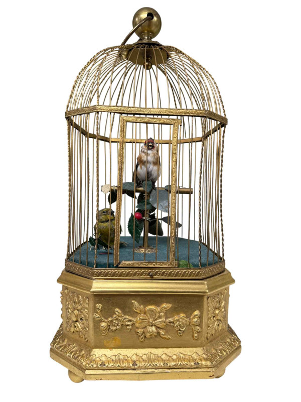 French singing birds automaton in gilt cage, of large size, 50cm overall height, winding but not playing, impressed FRANCE to wooden base, circa 1900.