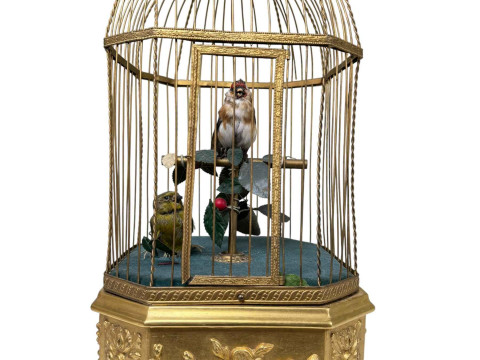 French singing birds automaton in gilt cage, of large size, 50cm overall...