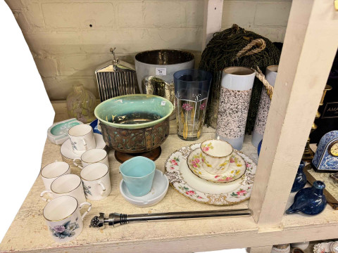 Assorted china and collectables, Royal Worcester coffee cans and saucers, etched glass celery vase, cigar cutters etc. thumbnail