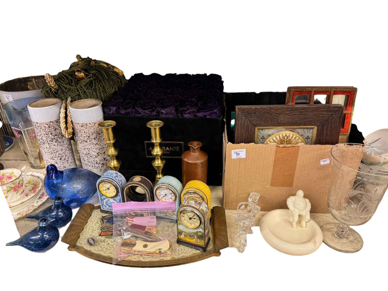 Assorted china and collectables, Royal Worcester coffee cans and saucers, etched glass celery vase, cigar cutters etc.