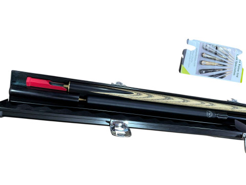 Green baize snooker cue with extensions and case, and spare tips. thumbnail