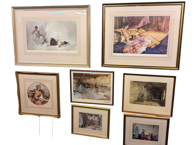 Collection of seven various framed Russell Flint prints, largest 61cm by 73.5cm including frame.