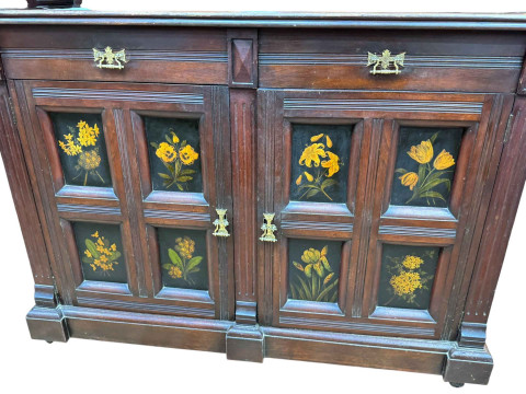 Late Victorian aesthetic mirror backed cabinet having four canopy doors with Minton panels with raven decoration, the base with floral painted panel doors, 198cm by 132cm by 48cm. thumbnail