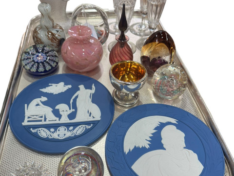 Two Wedgwood Jasper plaques, glass paperweights, scent bottles, etc.