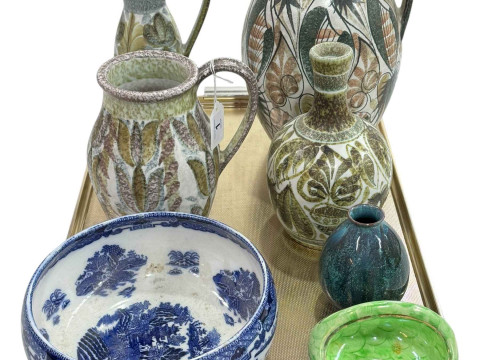 Three Bourne Denby Glyn Colledge jugs and vase, Maling blue and white...