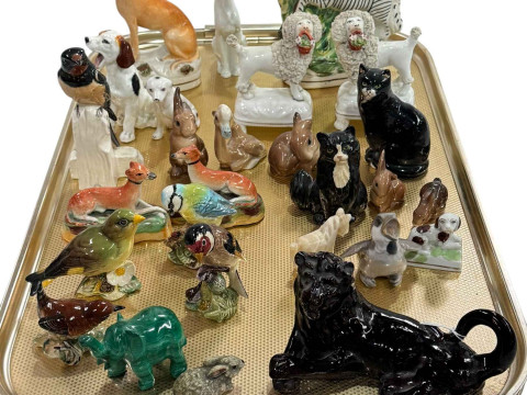 Staffordshire dogs and zebra, Beswick birds, Royal Doulton dog and cat,...