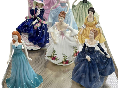 Eight Royal Doulton ladies including Top O' the Hill, Country Rose, Faith,...