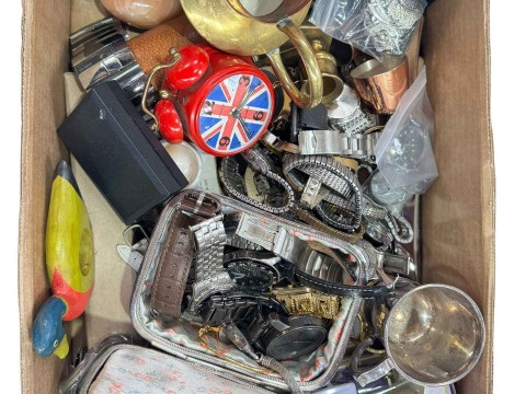 Box of collectables including wristwatches, coins, etc.