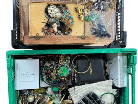 Two boxes of costume jewellery, etc.