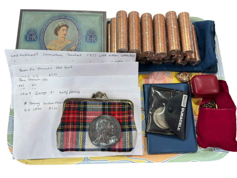 ER Coronation tin, coinage including unopened pennies, 19th Century and...