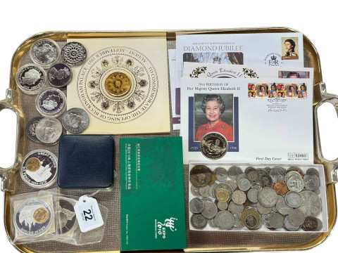 Collection of coins including £5 coins, £5 commemorative first day covers,...