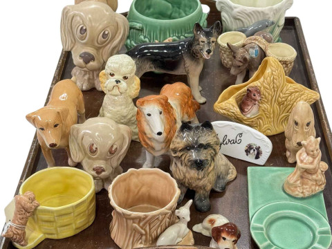 Collection of Sylvac pottery including dogs, donkey, pixie ashtray, posy...