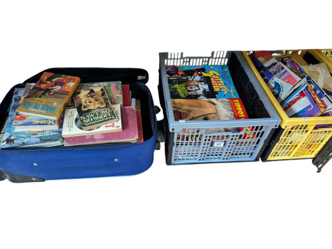 Eight boxes and two suitcases of circus related ephemera, badges and collectables. thumbnail