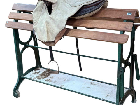 Victorian Musgrave patent cast iron and wood slat saddle stand and leather...