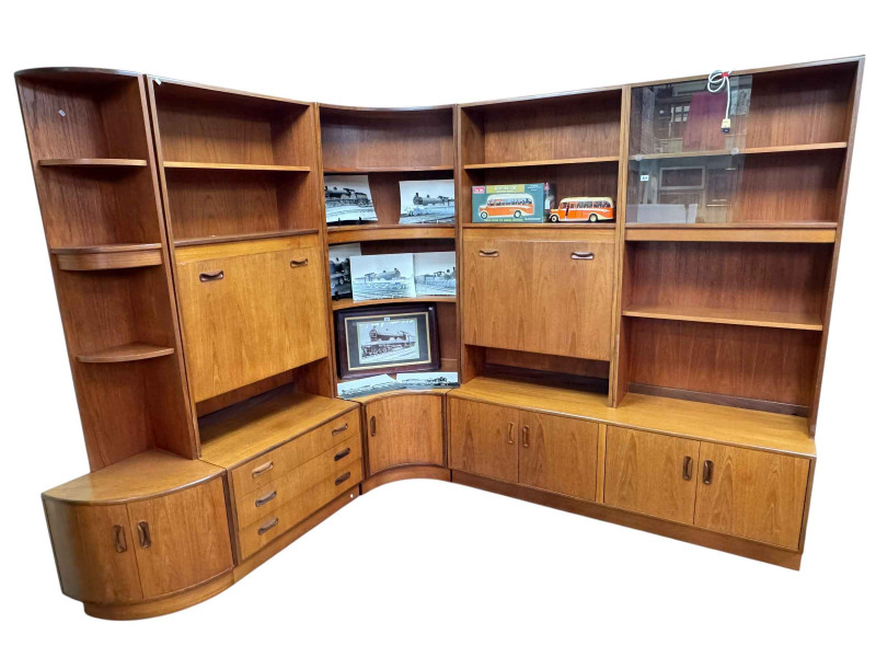 G Plan Mid Century teak L-shaped four section wall unit.