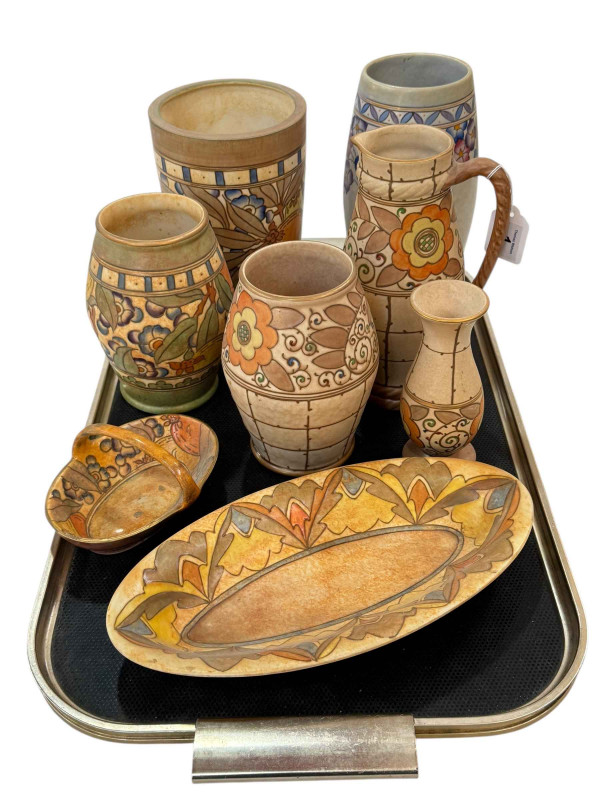 Collection of Bursley Ware Charlotte Rhead vases, jug, two dishes and similar vase.