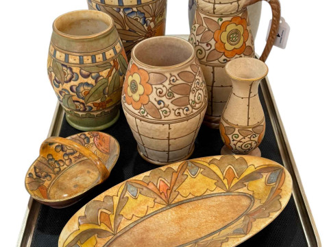 Collection of Bursley Ware Charlotte Rhead vases, jug, two dishes and...