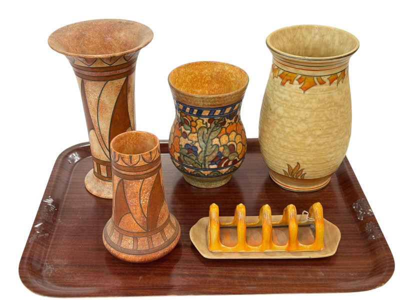 Four Charlotte Rhead vases and Shelley five bar toast rack.