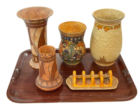 Four Charlotte Rhead vases and Shelley five bar toast rack.