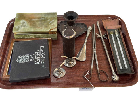 Onyx cigarette box, pair of silver knife rests, coins, thermometer, etc.