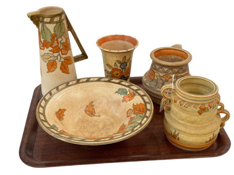 Crown Ducal Charlotte Rhead bowl, two vases and two jugs.