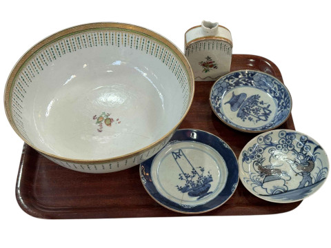 Large 18th Chinese bowl and matching tea caddy and three small early Chinese...