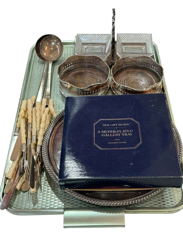 Collection of silver plated ware including pair of bottle coasters, two ladles, two trays, preserve stand and cutlery.