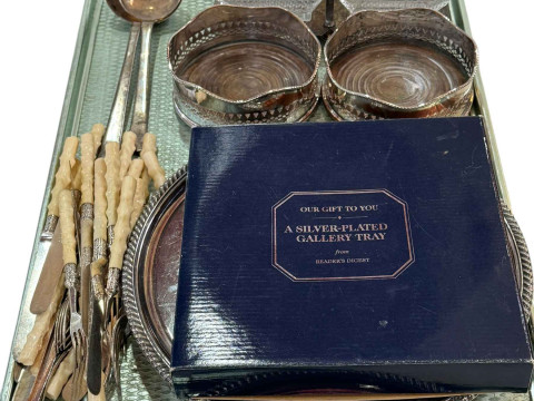 Collection of silver plated ware including pair of bottle coasters, two...