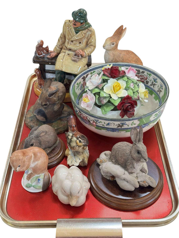 Royal Doulton figure 'Lunchtime', bowl and china posy, Staffordshire Hare, and Beaver, Country Artists Rabbits, Royal Copenhagen Duck group and small Bird.