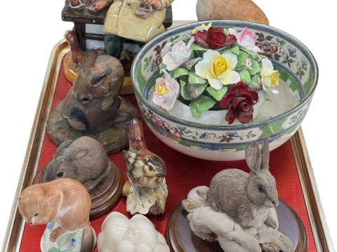 Royal Doulton figure 'Lunchtime', bowl and china posy, Staffordshire Hare,...