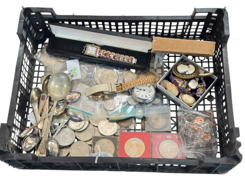 Collection of assorted coinage, pocket and wristwatches, jewellery, cutlery,...