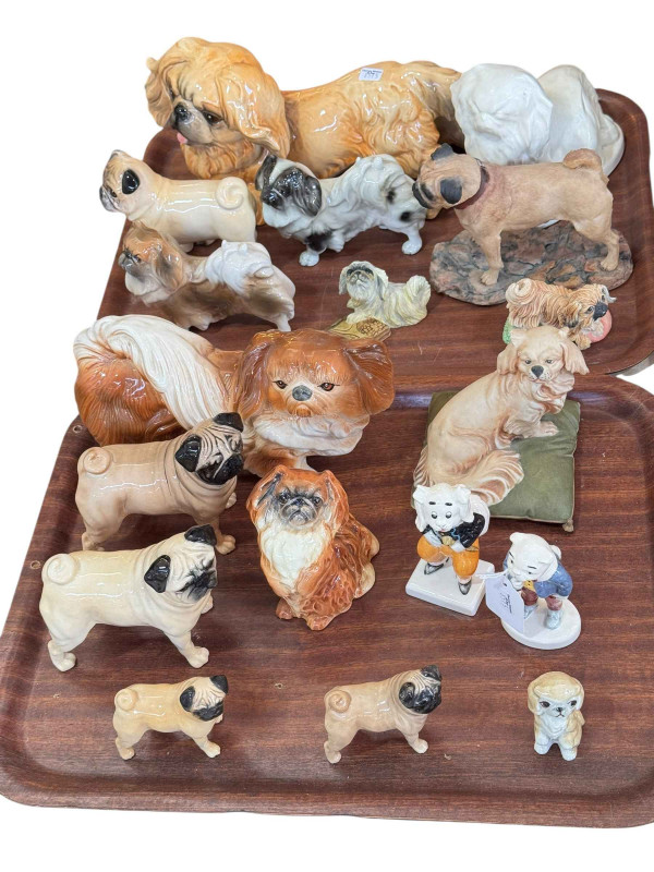 Collection of dog ornaments including Beswick Pugs, Goebel Pekinese, Border Fine Arts, Wade, etc.