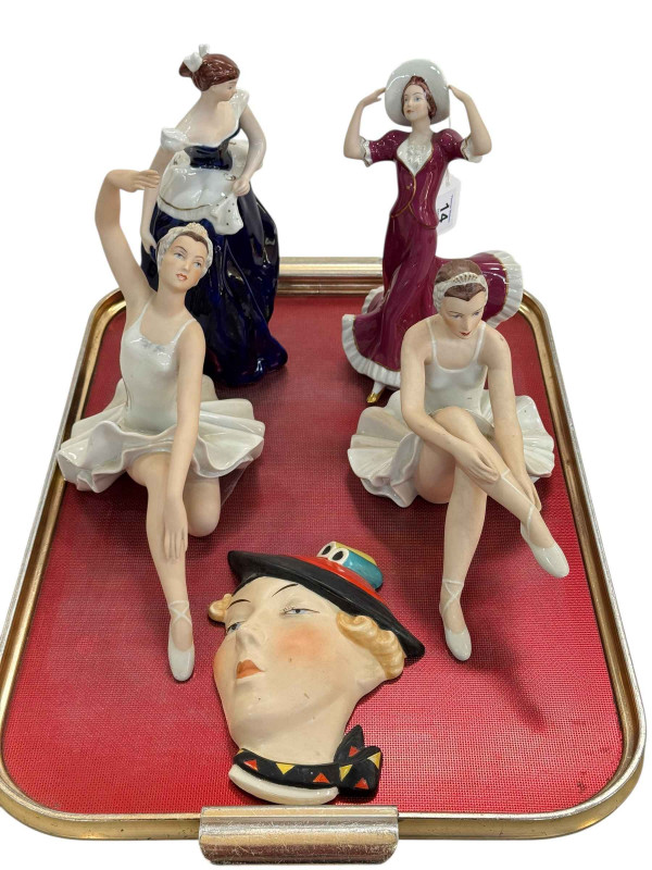 Four Royal Dux figurines and face mask.