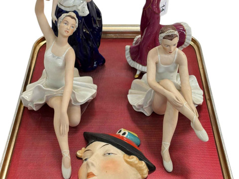 Four Royal Dux figurines and face mask.