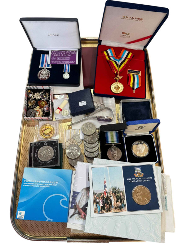 Collection of various coins, first day covers, commemorative medals, badges, etc.