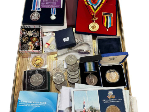 Collection of various coins, first day covers, commemorative medals, badges,...