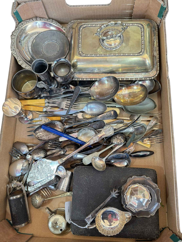 Small silver inkwell, six silver handled knives, silver plated ware including cutlery.
