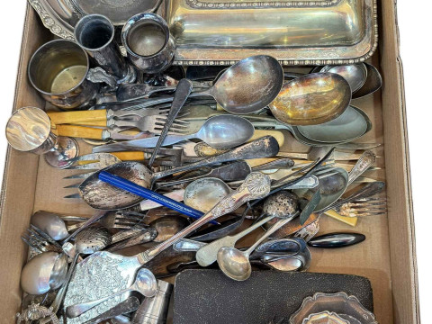 Small silver inkwell, six silver handled knives, silver plated ware including...