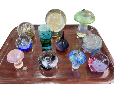 Collection of eleven glass paperweights including John Ditchfield and...