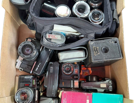 Box of Olympus and other cameras, assorted lenses, etc.