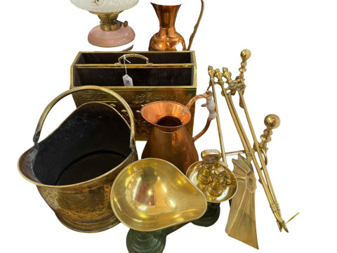 Victorian glass and brass oil lamp, brass coal scuttle, three brass fire...