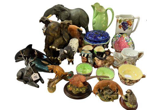 Four small Royal Doulton toby jugs, animal ornaments, Maling pottery,...