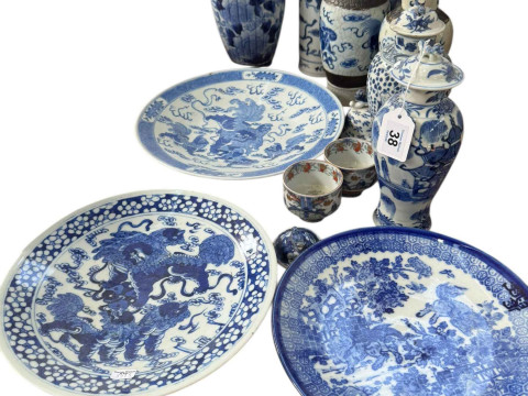 Collection of Chinese blue and white pottery including vases, plates,...
