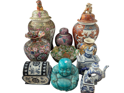 Large Japanese Imari and Cantonese Famille Rose lidded vases, Chinese...