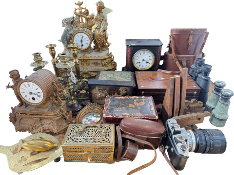 Two French Ormolu clocks, slate clock, two pairs of brass candlesticks,...