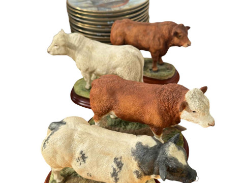 Four Border Fine Arts Bulls and set of twelve Franklin Mint Gamebirds...