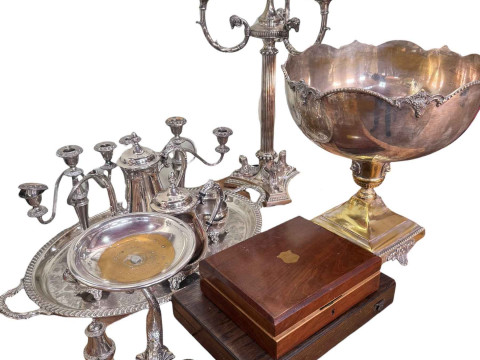 Large silver plated candelabra, pedestal punch bowl, four piece tea set,...