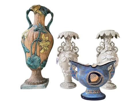 Pair of Mettlach Strawberry Vine decorated vases, Austrian Amphora vase...