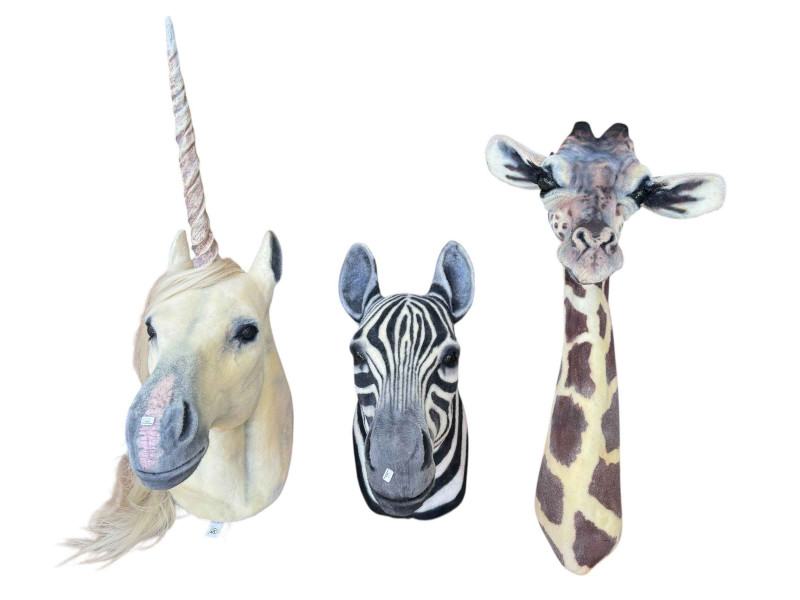 Broken Hare Zebra Head, Giraffe Head and Unicorn Head.